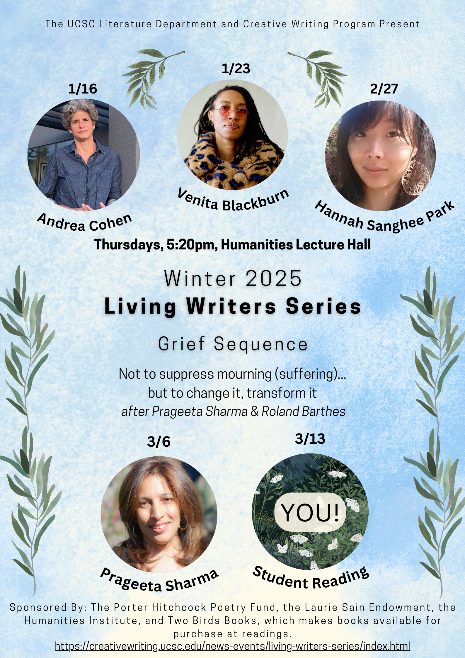 This image is of the Living Writers Series Winter 2025 poster. See below for text-based descriptions of the dates of the events and author bios. 