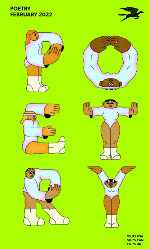 Six cartoon drawings of people bend their bodies to form the word "poetry" against a bright green background.